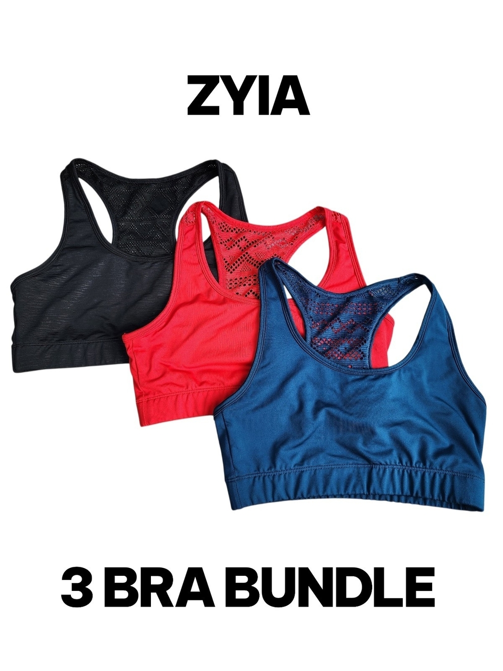 Zyia 3-Pack Racerback Sports Bras - Black, Red, Blue SZ Medium